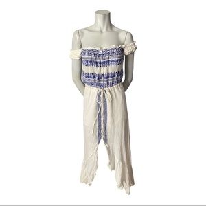 Gypsy05 White/ Blue Embroidery High Low Dress XS